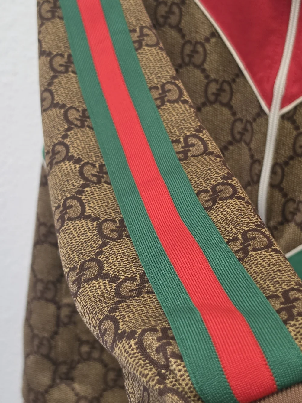 Gucci Brown Monogram Bomber Jacket with Green & Pink Chevron